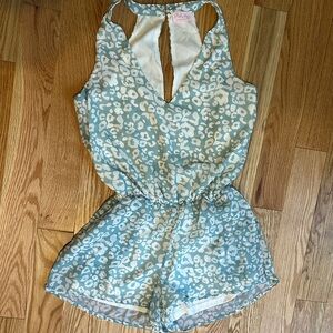 Pink Lily Sea Green and Cream Leopard Print Romper